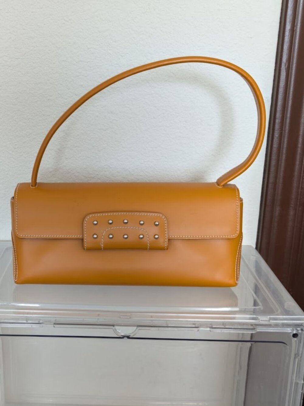 TOD’s Marigold Yellow “East-West” Baguette Shoulder Bag with Silver Studs
